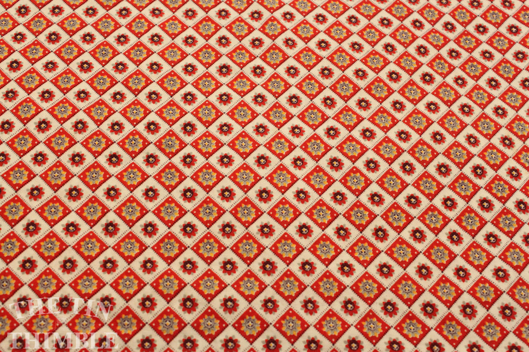 Red and White Printed Fabric -1 Yard- Cotton Fabric / Red and White Fabric / Diamond Fabric / Red Floral Fabric / Diamond Print Cotton