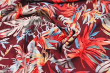 Load image into Gallery viewer, Printed Rayon - 1 Yard - Rayon Fabric / Rayon by Yard / Floral Print / Colorful Print / Burgundy Rayon / Tropical Print / Palm Print Fabric
