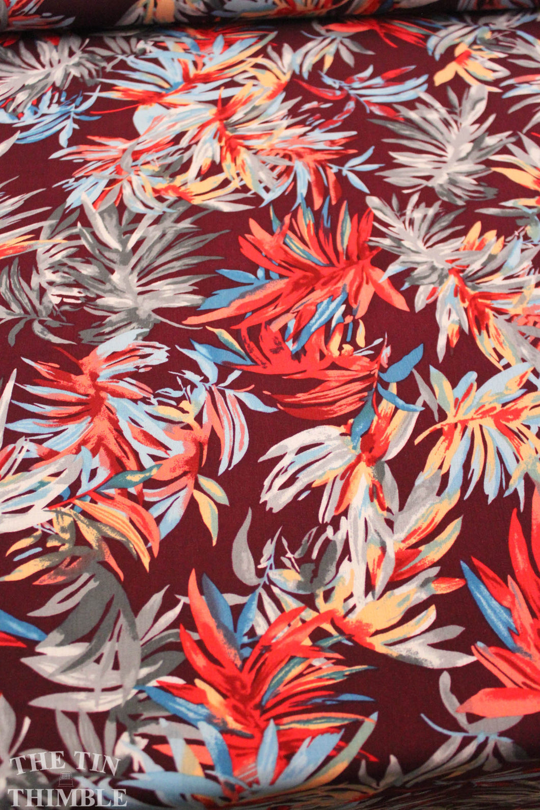 Printed Rayon - 1 Yard - Rayon Fabric / Rayon by Yard / Floral Print / Colorful Print / Burgundy Rayon / Tropical Print / Palm Print Fabric