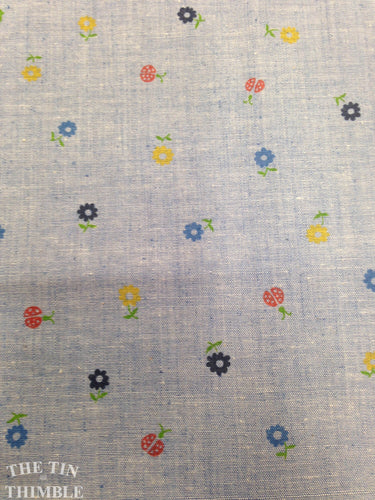 Vintage Cotton Floral and Ladybug Chambray Fabric - 1 1/8 Yards / Printed Chambray / Blue Chambray / Apparel Fabric / Flower and Ladybug