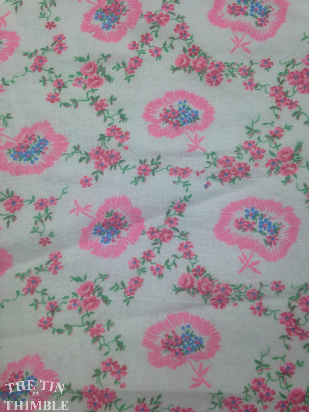 Flannel Vintage Fabric with a Pink, White, Blue and Red Floral Print - 1 Yard - 100% Cotton Flannel