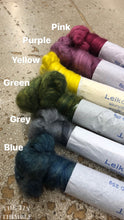 Load image into Gallery viewer, Hand Dyed 50/50 Silk and 18 Micron Merino Blend Roving for Spinning, Felting or Weaving / 25 Grams
