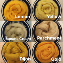 Load image into Gallery viewer, Lemon Yellow Merino Wool Roving - 21.5 micron -1 oz - For Nuno Felting, Wet Felting, Weaving, Spinning and More
