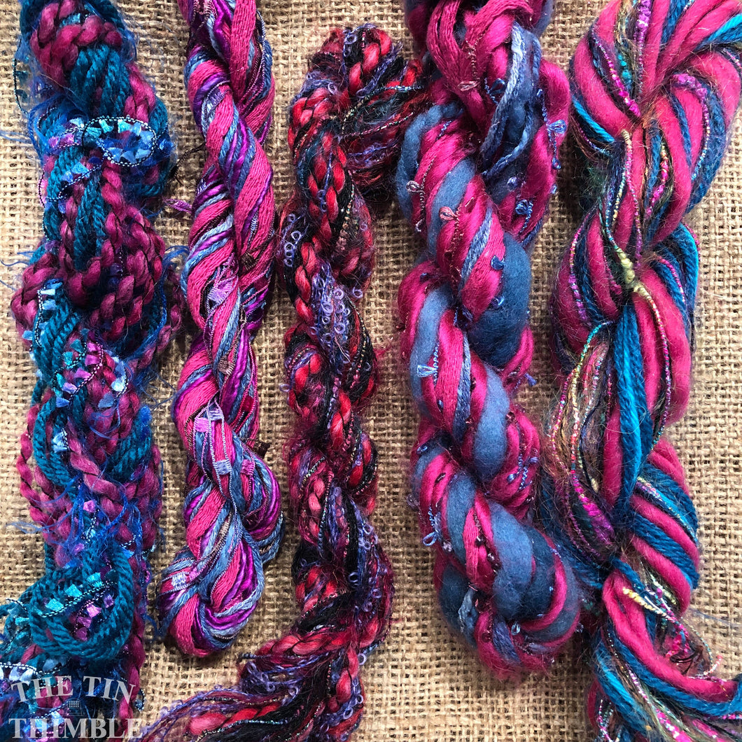 Fiber Frenzy Bundle / Mixed Bundle of Yarn in Blue Raspberry / Great for Felting / Approximately 24 Yards / 8 Strands Each 3 Yards Long