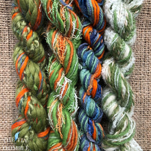 Load image into Gallery viewer, Fiber Frenzy Bundle / Mixed Bundle of Yarn in Green and Orange / Great for Felting / Approximately 24 Yards / 8 Strands Each 3 Yards Long
