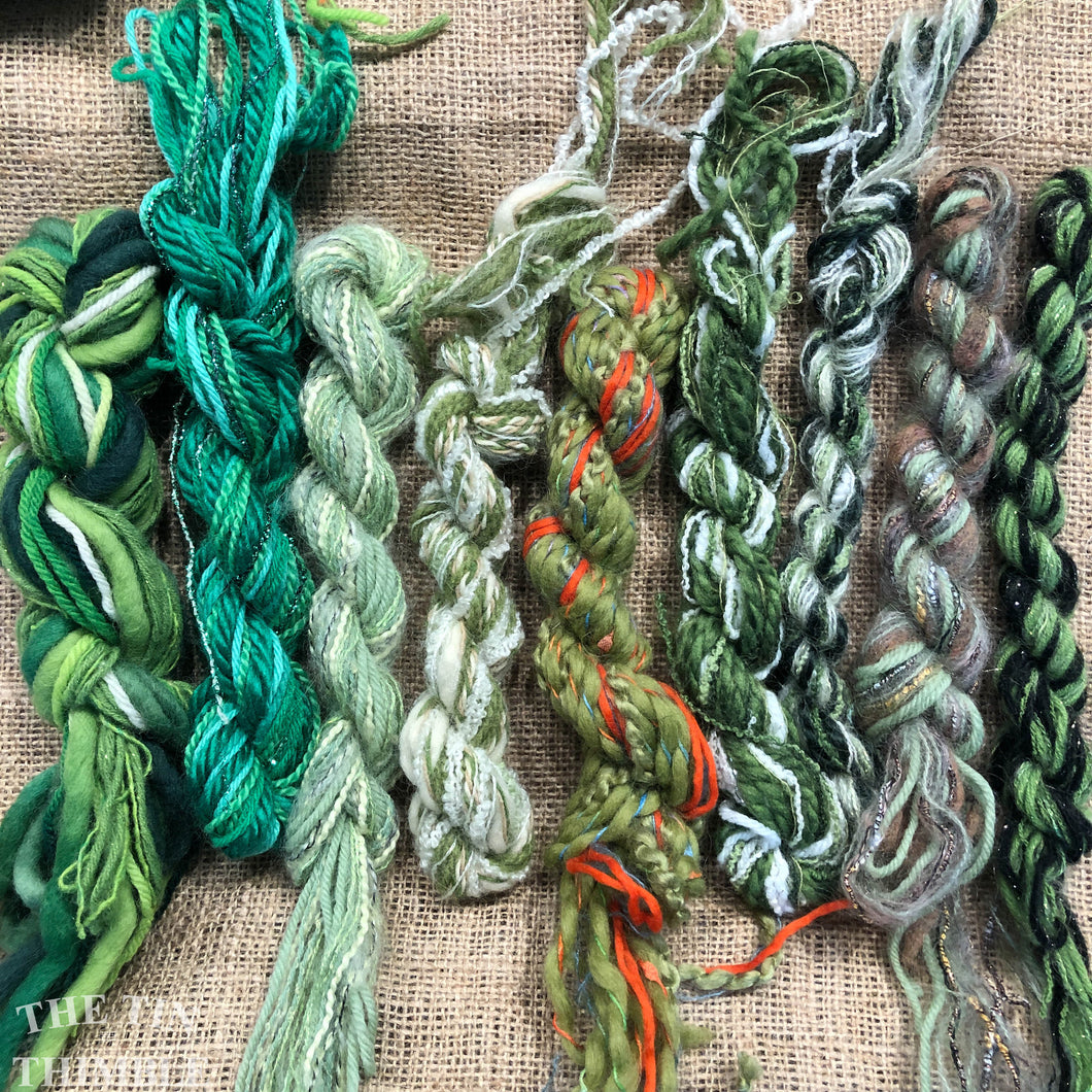 Fiber Frenzy Bundle / Mixed Bundle of Yarn in Green / Great for Felting / Approximately 24 Yards / 8 Strands Each 3 Yards Long