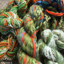 Load image into Gallery viewer, Fiber Frenzy Bundle / Mixed Bundle of Yarn in Green and Orange / Great for Felting / Approximately 24 Yards / 8 Strands Each 3 Yards Long
