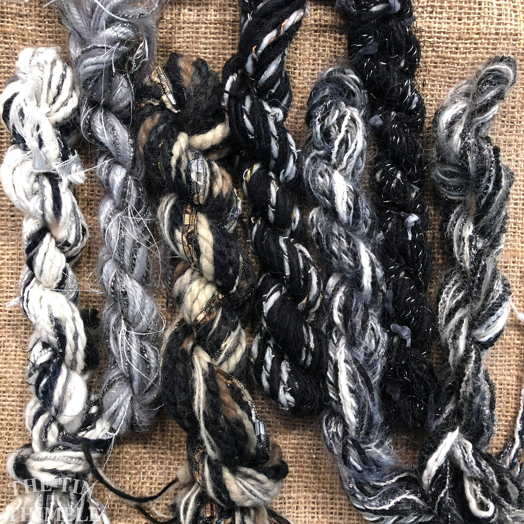 Fiber Frenzy Bundle / Mixed Bundle of Yarn in Black and White / Great for Felting / Approximately 24 Yards / 8 Strands Each 3 Yards Long