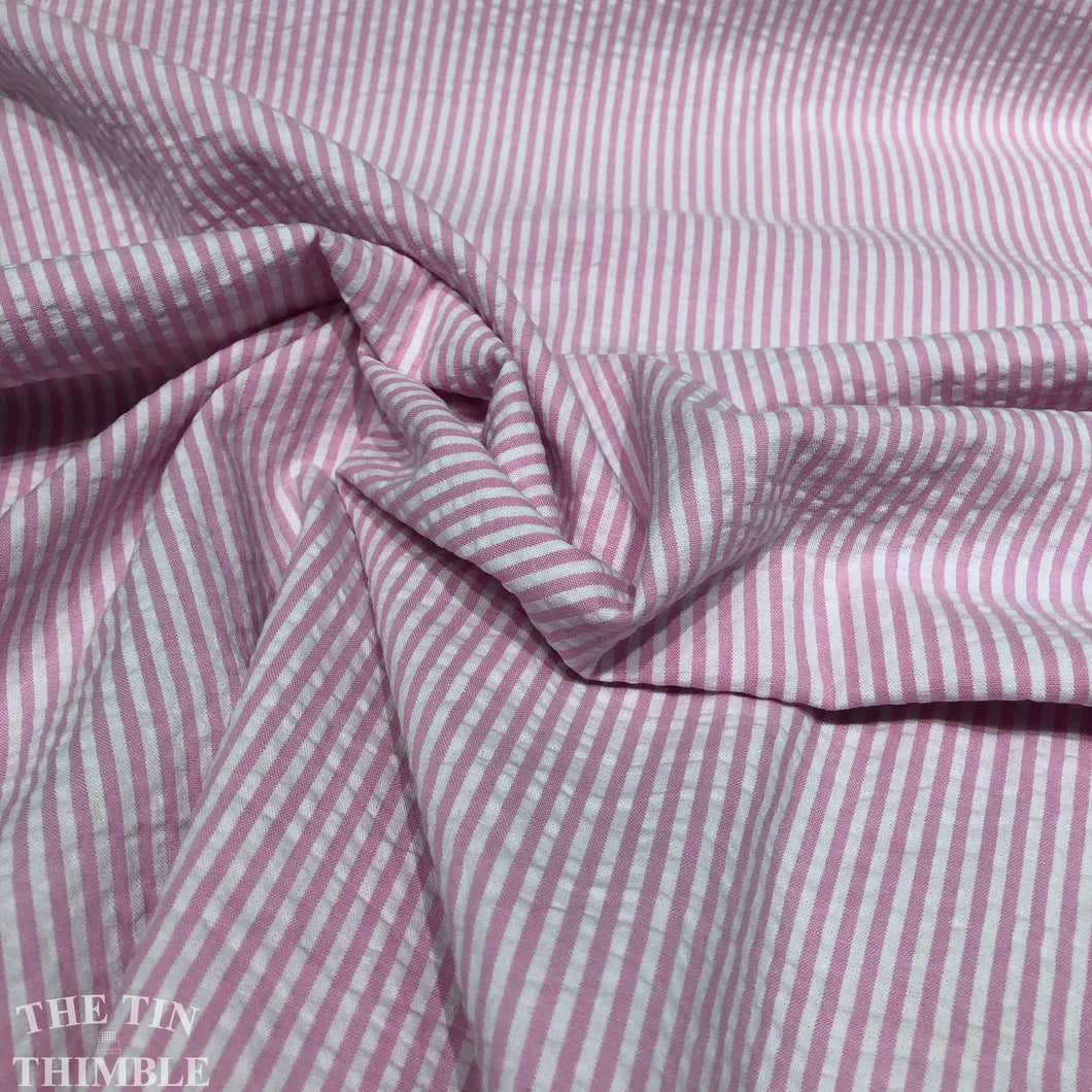 Cotton Seersucker Fabric / 100% Cotton Seersucker in Pink and White  / By the Yard