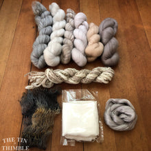 Load image into Gallery viewer, Nuno Felted Scarf Supply Kit - Soft Neutrals - Merino Wool Roving, Silk Chiffon Scarf, Embellishments

