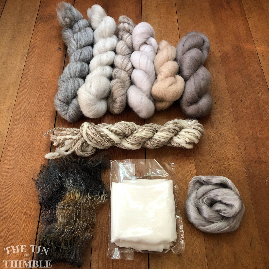 Nuno Felted Scarf Supply Kit - Soft Neutrals - Merino Wool Roving, Silk Chiffon Scarf, Embellishments