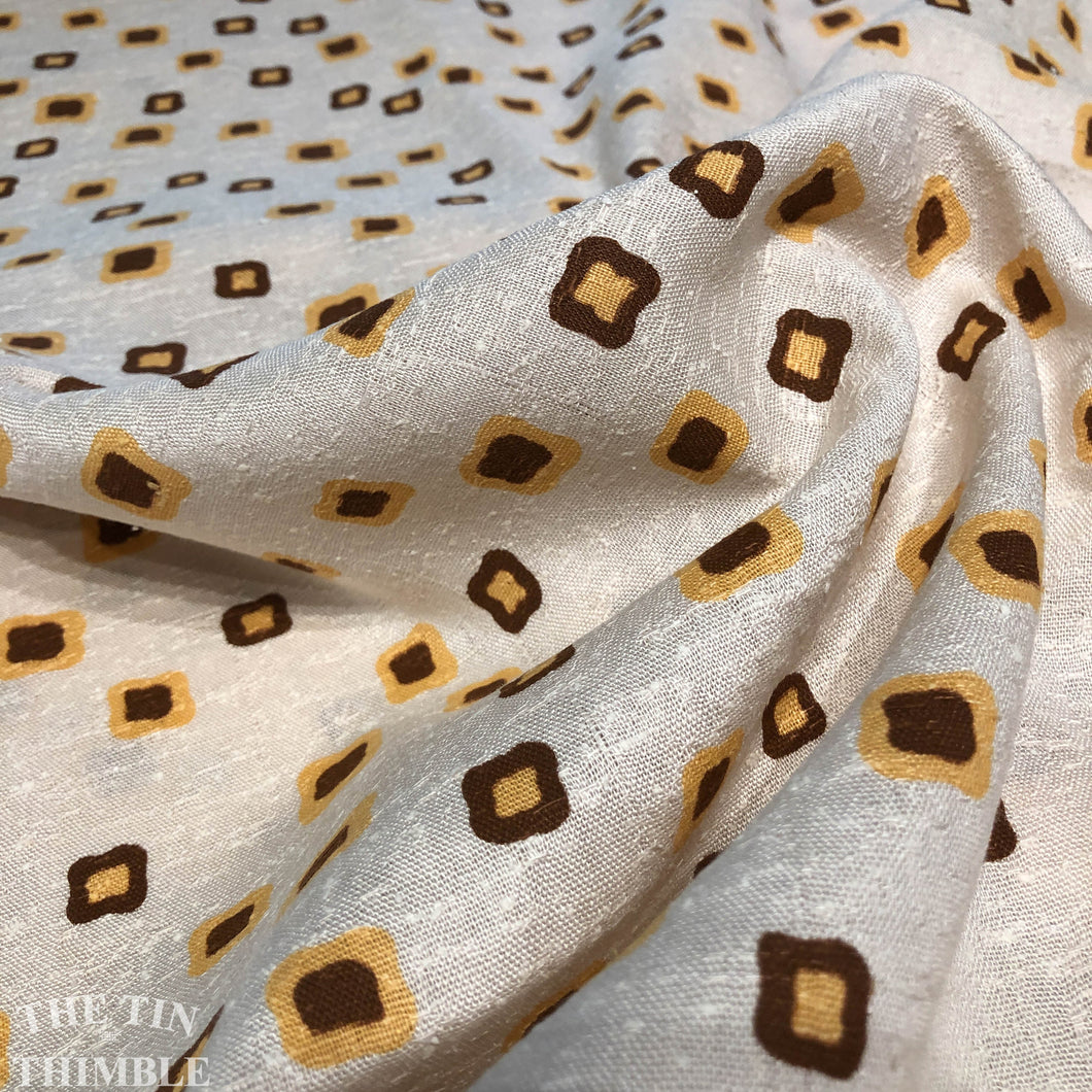 Authentic Vintage Rayon Linen Blend Printed Fabric - By the Yard - Textured Kettle Cloth - Brown, Off White and Yellow