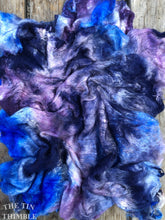 Load image into Gallery viewer, Hand Dyed Silk Mulberry Lap Fiber for Spinning or Felting in Stormy Sky / Blue &amp; Purple 100% Silk Laps Similar to Silk Hankies
