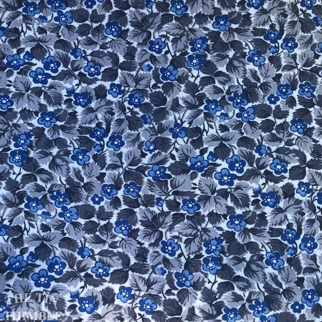 Forget-Me-Not Print Cotton Vintage Fabric - 1 1/2 Yard - Grey and Blue 100% Cotton Floral Fabric