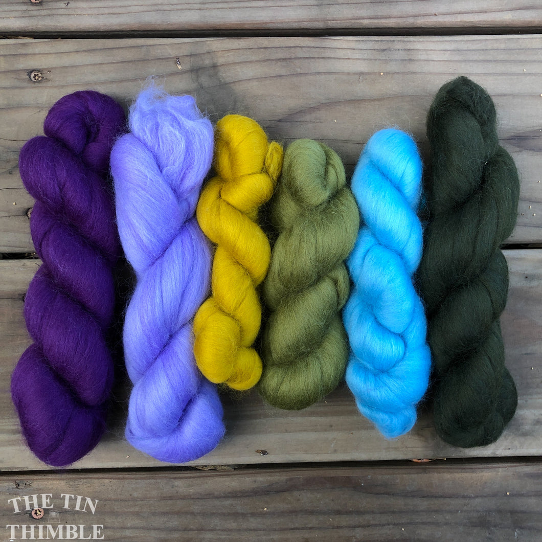 Merino Wool Roving Pack - Pansy Purple & Green - Six Colors, 1 Ounce Each - High Quality Merino Wool for Felting, Weaving and Spinning