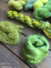 Load image into Gallery viewer, Merino Wool Roving Pack WITH EMBELLISHMENTS - Greens - Six Colors, 1 Ounce Each - High Quality Wool for Felting, Weaving and Spinning

