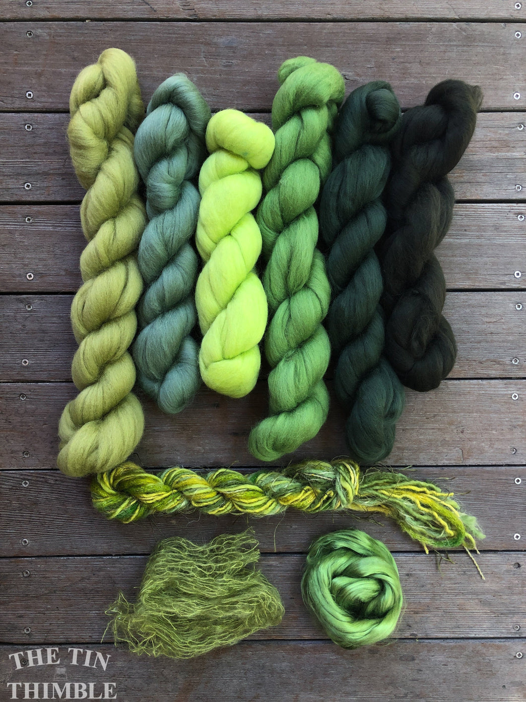 Merino Wool Roving Pack WITH EMBELLISHMENTS - Greens - Six Colors, 1 Ounce Each - High Quality Wool for Felting, Weaving and Spinning