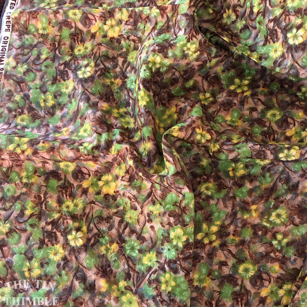Vintage 1950s Screen Printed Acetate in a Soft Floral Print  - Brown, Green and Yellow Vintage Fabric