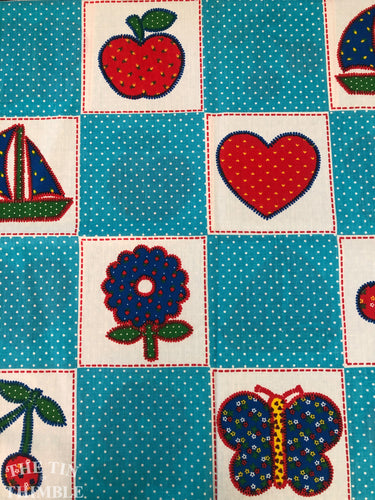 Vintage Faux Quilt Fabric - 1/2 Yard - 70s Red, White, Blue Faux Embroidered 100% Cotton Fabric