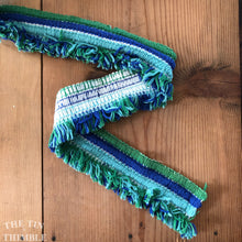 Load image into Gallery viewer, Vintage Fringe Trim - 1960s Blue, Green and White Cotton Fringe Trim by the Half Yard - 2 3/4&quot; Wide
