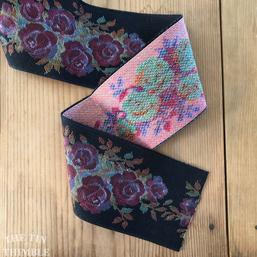 Wide Embroidered Trim - By the Half Yard - Vintage Jacquard Floral Ribbon Trim