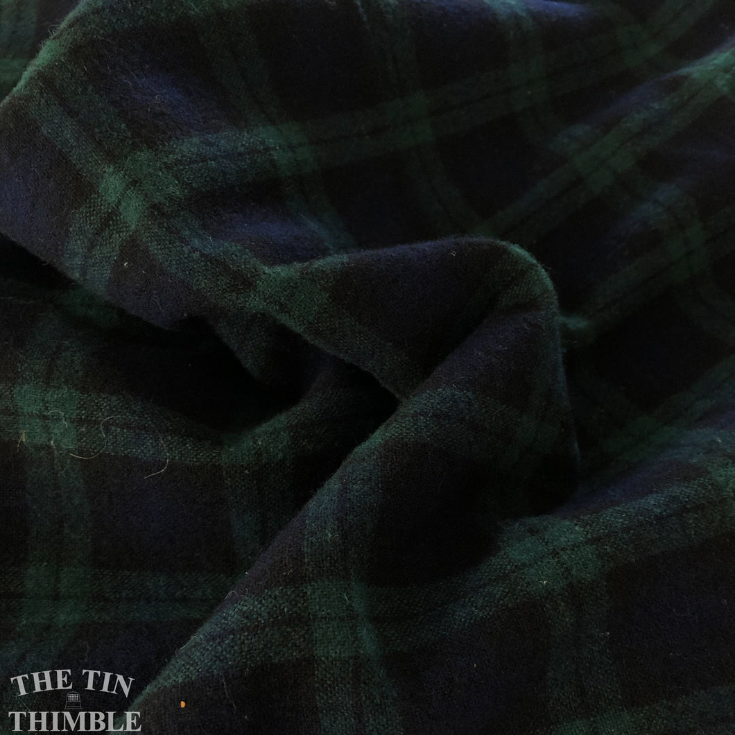 Vintage Plaid Wool - By the yard - Green and Navy Blue - 100% Wool