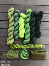 Load image into Gallery viewer, Nuno Felted Scarf Supply Kit - Greens - Merino Wool Roving, Silk Chiffon Scarf, Embellishments
