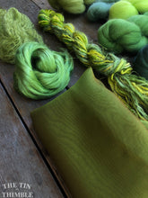 Load image into Gallery viewer, Nuno Felted Scarf Supply Kit - Greens - Merino Wool Roving, Silk Chiffon Scarf, Embellishments
