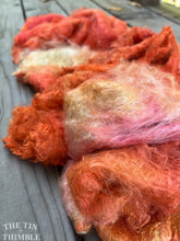 Load image into Gallery viewer, Hand Dyed Silk Mulberry Lap Fiber for Spinning or Felting in Tropicana / Gold &amp; Purple 100% Silk Laps Similar to Silk Hankies
