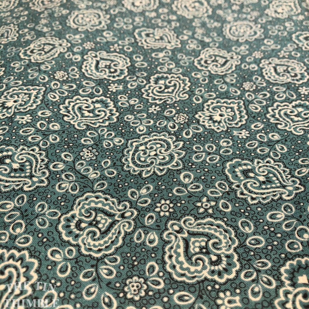 Paisley Print Cotton Fabric - Teal and Black - By the Yard