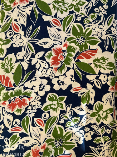 Rayon Challis by the Yard - Navy, Green and Pink Floral Printed Rayon Fabric - 58