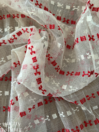 Embroidered Sheer Fabric / Authentic Vintage 1940's Fabric - 1 Yard - Vintage Red and White Embroidered Fabric - 40