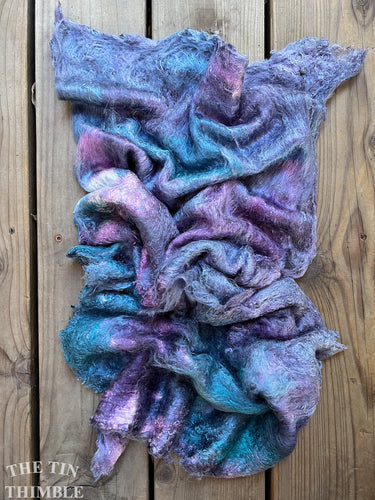 Hand Dyed Silk Mulberry Lap Fiber for Spinning or Felting in Teal & Purple / 100% Silk Laps Similar to Silk Hankies