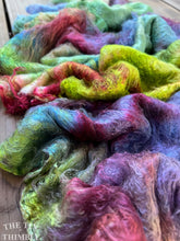 Load image into Gallery viewer, Hand Dyed Silk Mulberry Lap Fiber for Spinning or Felting in &#39;Iris Patch&#39; / Blue, Burgundy and Green 100% Silk Laps Similar to Silk Hankies
