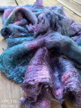 Load image into Gallery viewer, Hand Dyed Silk Mulberry Lap Fiber for Spinning or Felting in Teal &amp; Purple / 100% Silk Laps Similar to Silk Hankies
