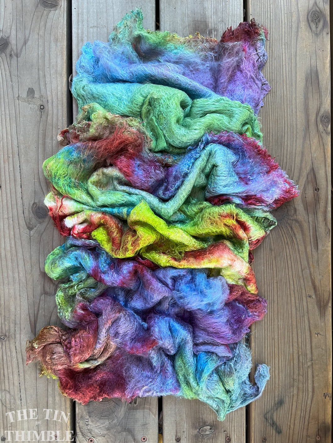 Hand Dyed Silk Mulberry Lap Fiber for Spinning or Felting in 'Iris Patch' / Blue, Burgundy and Green 100% Silk Laps Similar to Silk Hankies