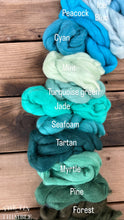 Load image into Gallery viewer, Peacock Blue Merino Wool Roving - 21.5 micron -1 oz - For Nuno Felting, Wet Felting, Weaving, Spinning and More
