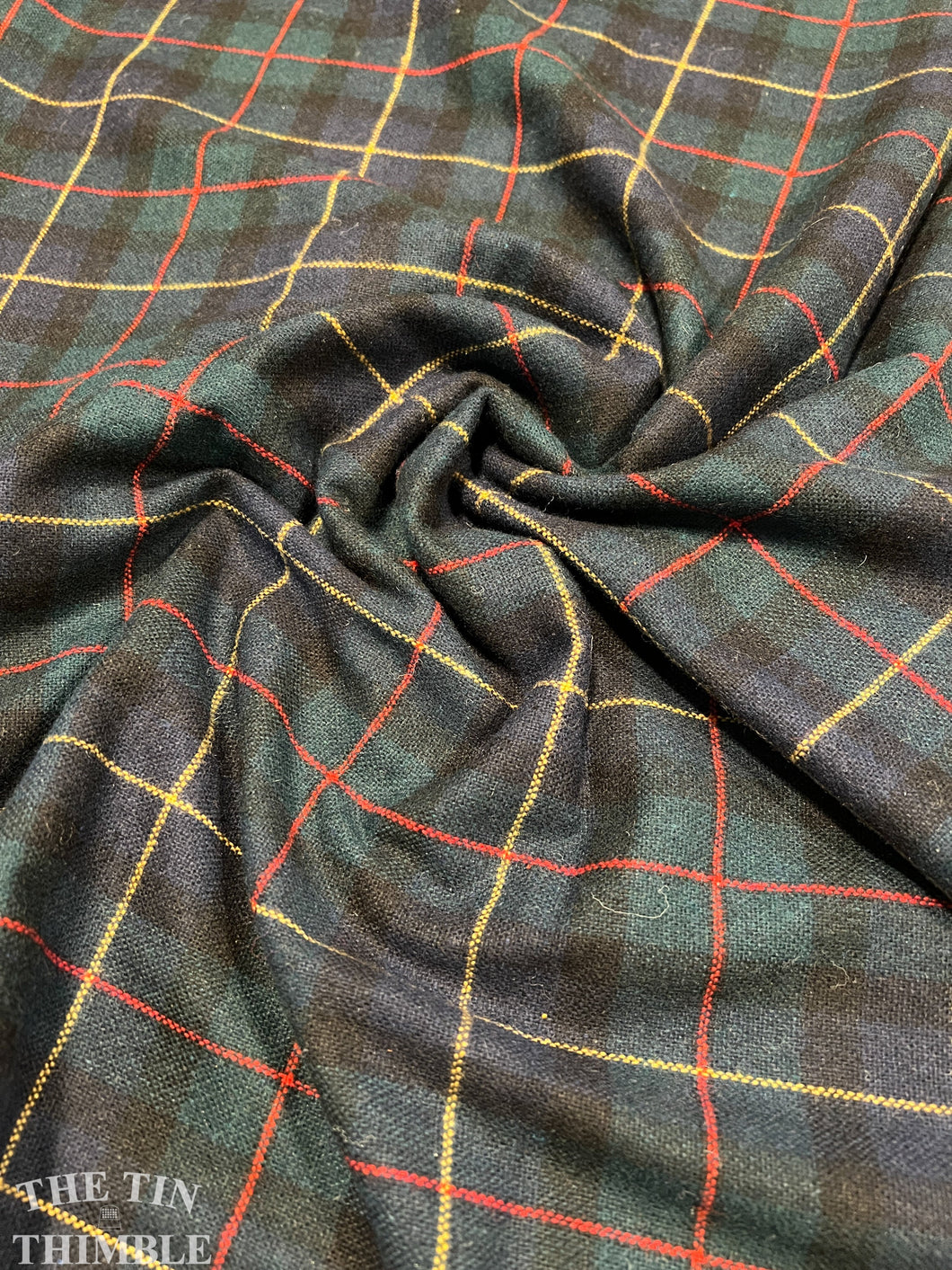 Dark Green Vintage Plaid Wool - By the yard - Green, Navy Blue, Red and Yellow - 100% Wool