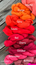 Load image into Gallery viewer, Tomato Merino Wool Roving - 21.5 micron -1 oz - For Nuno Felting, Wet Felting, Weaving, Spinning and More
