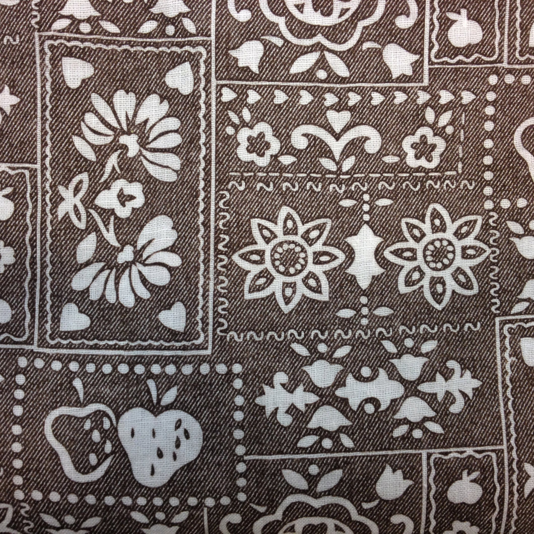 Vintage Fabric / Fruit Fabric / Flower Fabric / 1970's Fabric -By the Yard- Brown White Fabric / Strawberry Fabric / Faux Patchwork Fabric