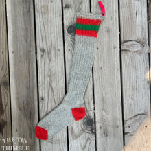 Load image into Gallery viewer, Vintage Thick Wool Stocking - Grey Red and Green with Hanging Tab - Authentic 1930s/ 1940s
