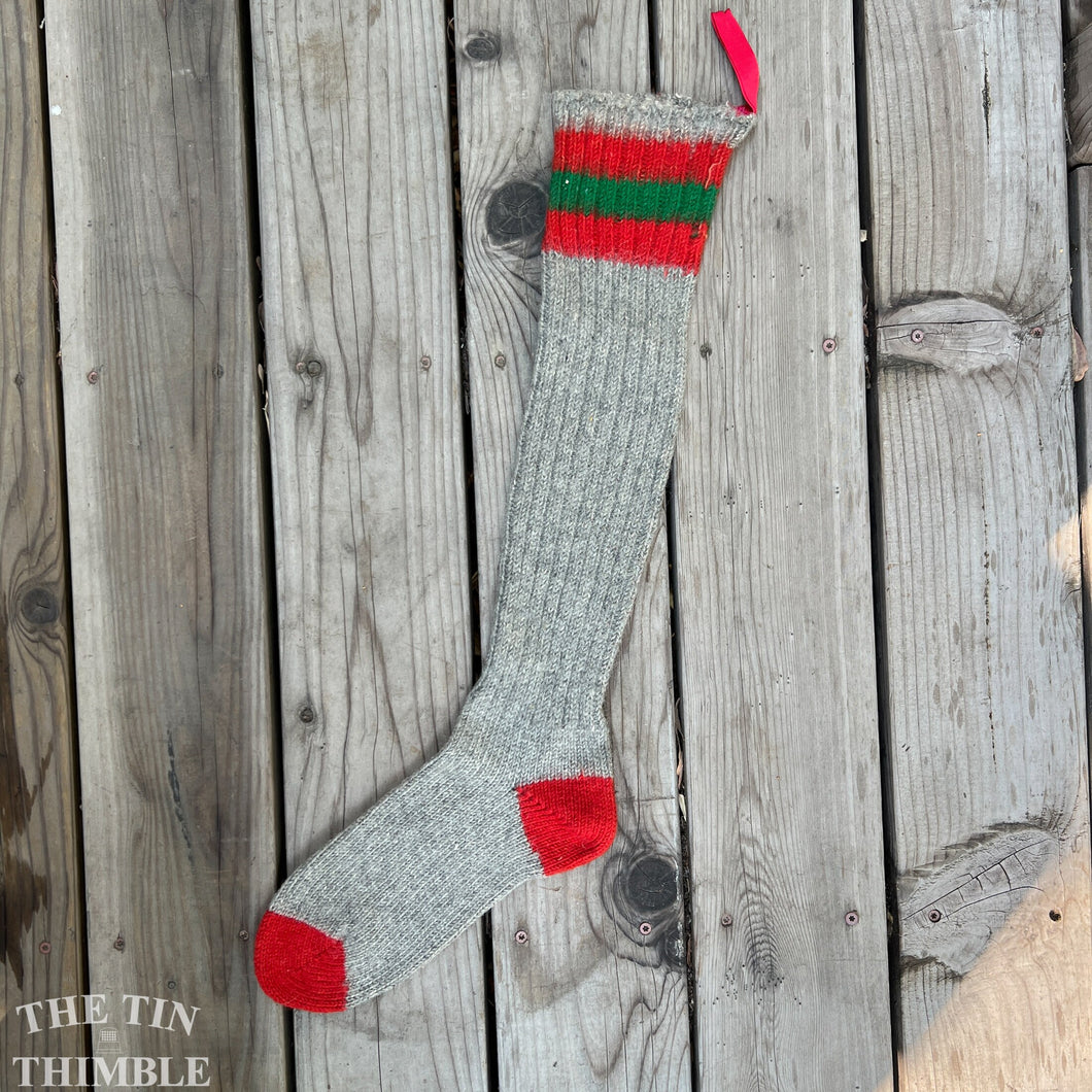 Vintage Thick Wool Stocking - Grey Red and Green with Hanging Tab - Authentic 1930s/ 1940s