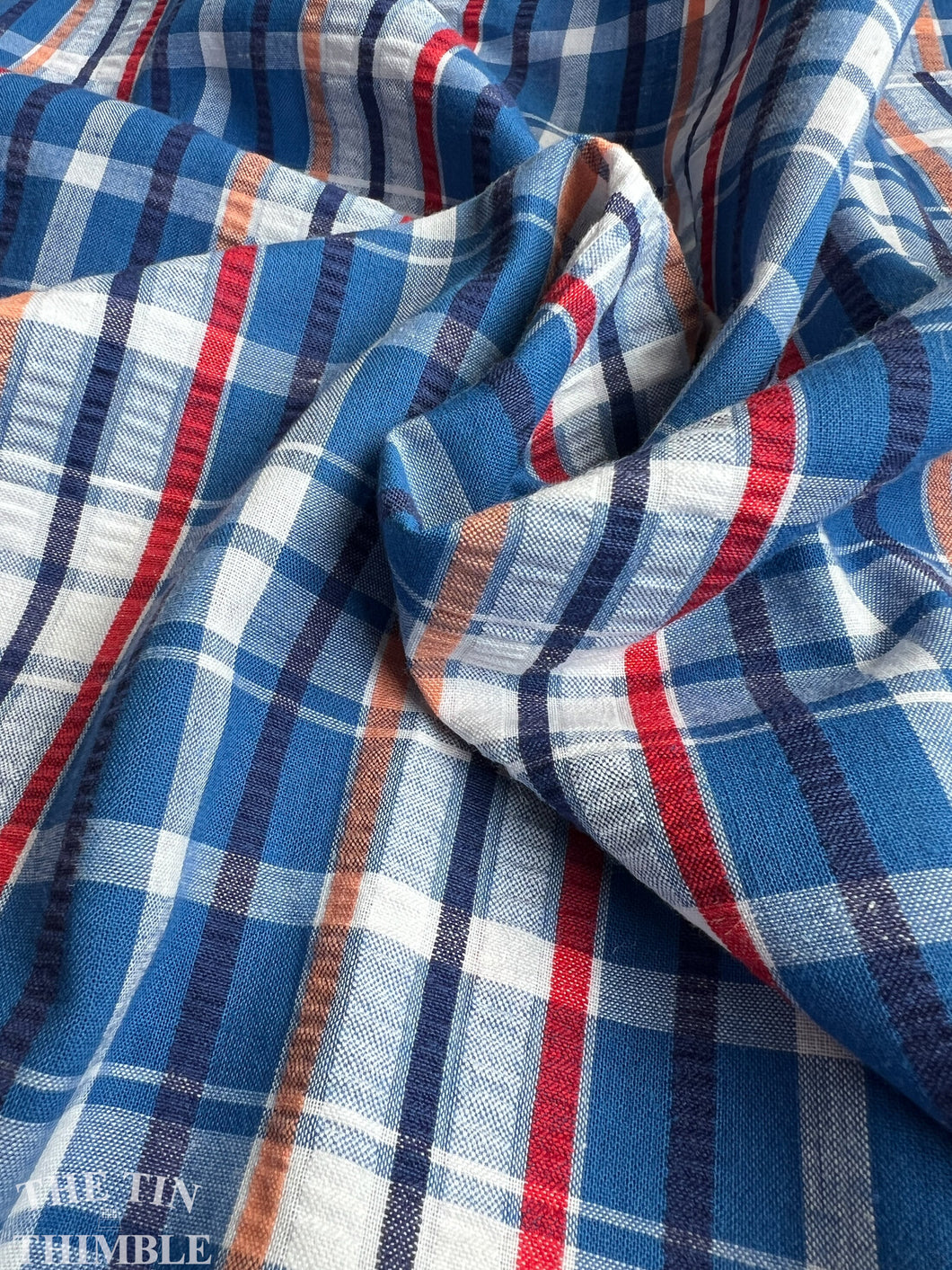 Vintage 1970s Cotton/Poly Plaid Plisse - By the Yard - Large Plaid Plisse in Blue, Red, White and Orange