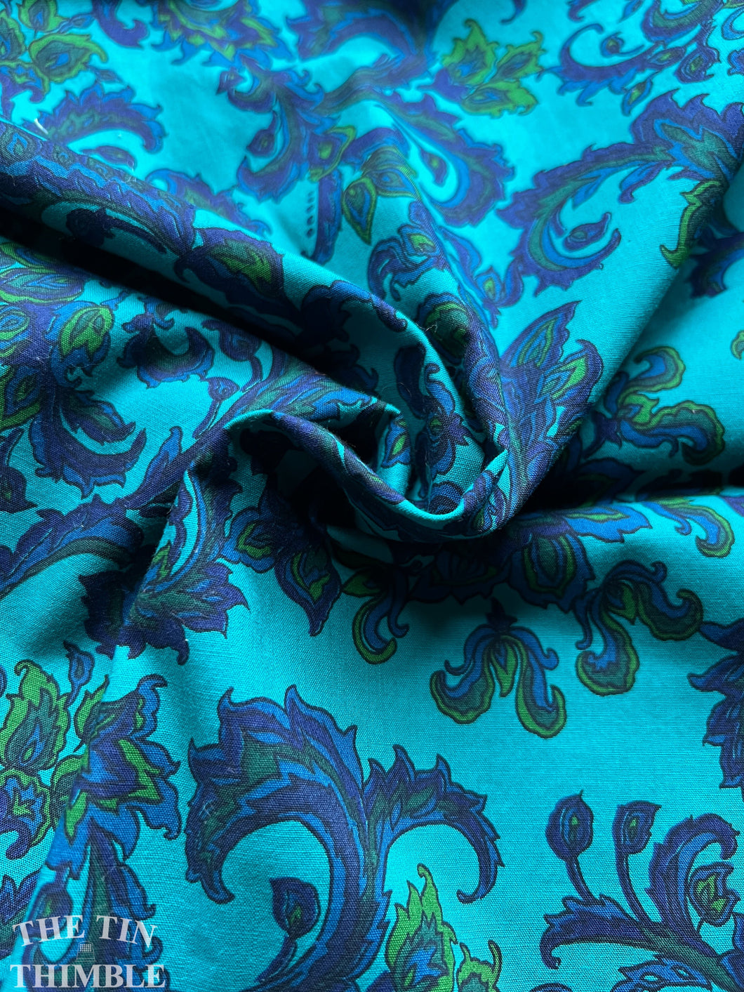 California Hoffman Fabrics Teal and Dark Blue Paisley Print Fabric - Vintage 1960s Cotton by the Yard - 40