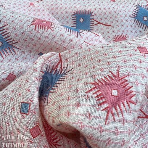 1930s Printed Lawn - 100% Cotton Authentic Vintage Pink & Blue Fabric - 33