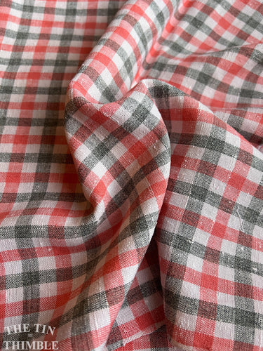 Vintage Yarn Dyed Plaid Linen Fabric - Medium Weight Linen Blend in Pink and Grey - 1.875 Yards x 33