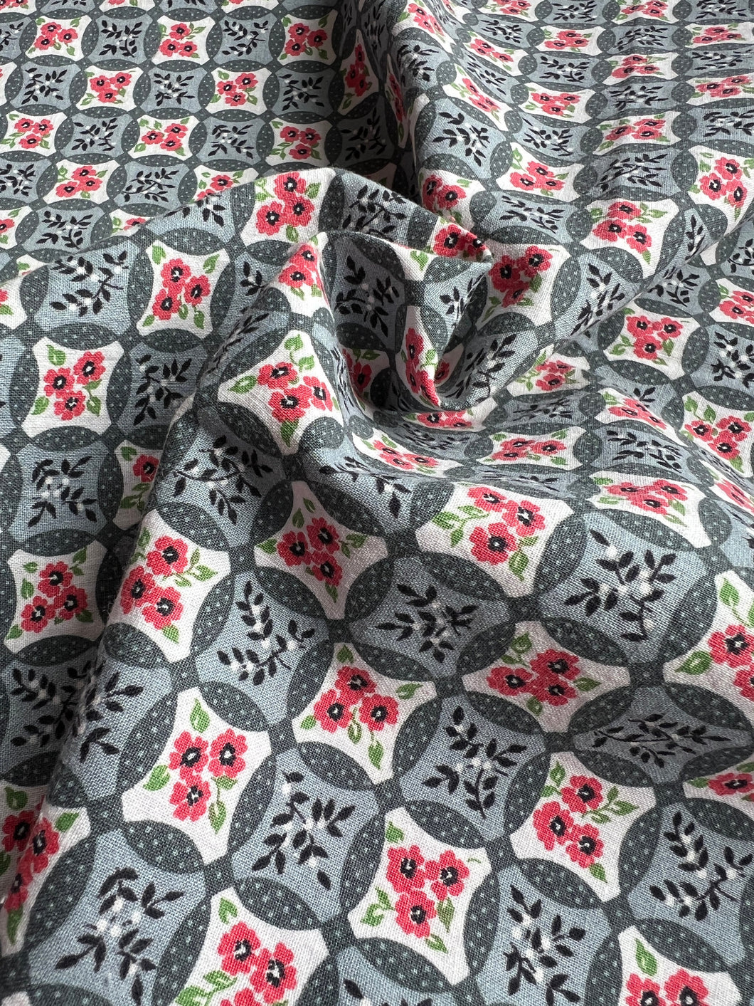 Vintage Grey and Pink Printed Floral - By the Piece - Grey and Pink 100% Cotton Floral Fabric