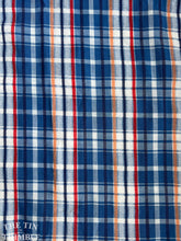 Load image into Gallery viewer, Vintage 1970s Cotton/Poly Plaid Plisse - By the Yard - Large Plaid Plisse in Blue, Red, White and Orange

