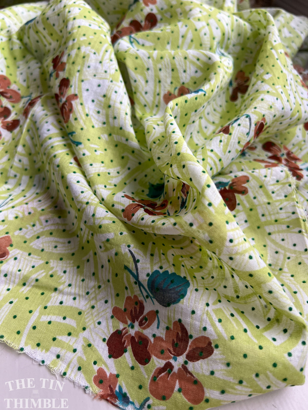 Dotted Swiss Fabric - Vintage 1960s Raised Dotted Swiss Piece in Green, White, Brown and Blue - Cotton - By the Yard x 34