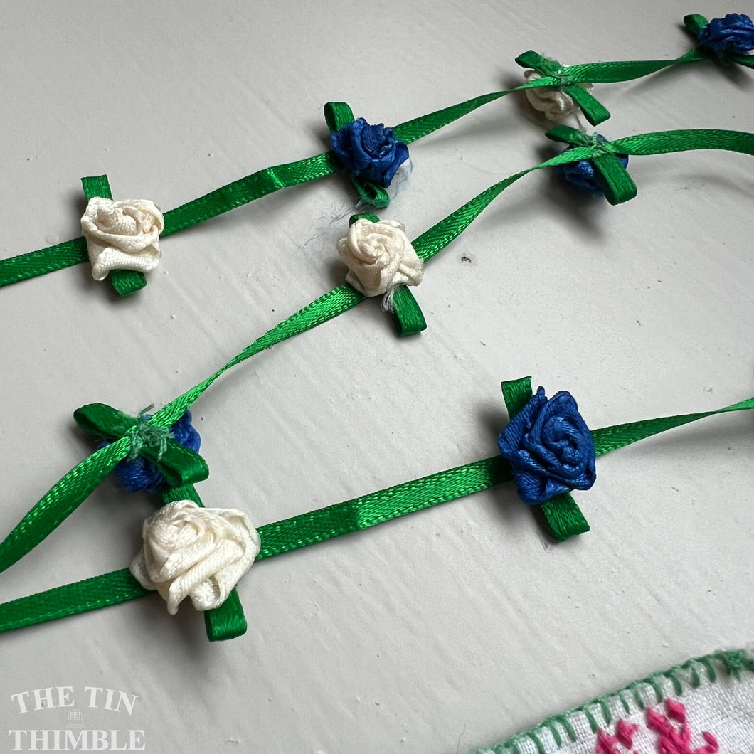 Handmade Rosette Satin Ribbon Trim - Blue and White Floral - 53